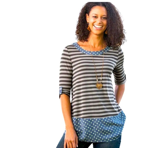 MATILDA JANE | Let’s Get Lost Top with Roll Tab Sleeves Stripes and polka dots - Picture 1 of 8